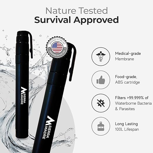 Sierra Madre Survival Bundle – Pure Water Straw with Emergency Mylar Sleeping Bag – Ultralight, Portable Gear for Camping, Hiking & Emergency Preparedness