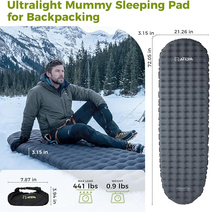 ATEPA ThermAir Mummy Backpacking Inflatable Sleeping Pad, 6.5 R-Value Insulated Ultralight Portable Sleeping Pad Thick Camping Mat with Pump Sack for Camping Backpacking Tent, Wide Long Size 72"x21"