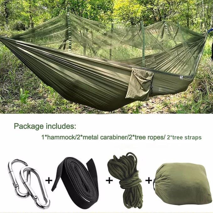 KEPEAK Camping Hammock with Net Netting, Single & Double Tree Hammock Net, Lightweight Nylon Portable Hammock for Backpacking, Camping, Travel, Beach, Yard Army Green
