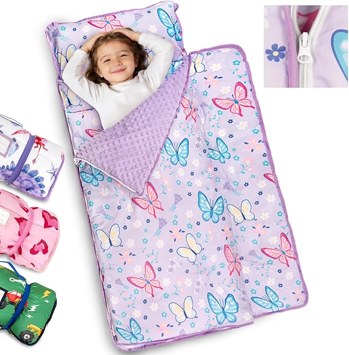 Primlect Toddler Nap Mat Extra Large Thickened 55''x35'', Soft Sleeping Bag with Detachable Minky Blanket and Pillow, Portable for Daycare, Preschool, Kindergarten, Travel, Boys and Girls