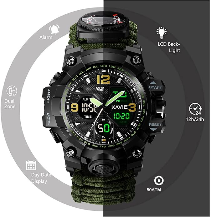 Mens Tactical Military Digital Watch, 23-in-1 Survival Multi-Functional Army Outdoors Waterproof Camouflage Sports Watches Dual Display Analog LED Electronic Wristwatches with Compass Paracord Band