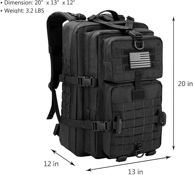 Hannibal Tactical MOLLE Assault Backpack, Tactical Backpack Military Army Camping Rucksack, 3-Day Pack, D-Rings, Black with Gray Patch