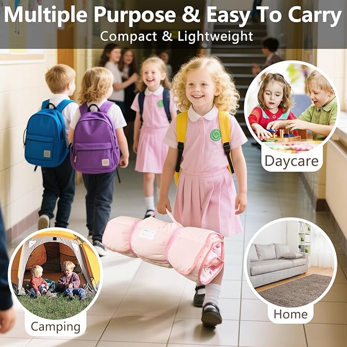Primlect Lightweight Toddler Nap Mat, Portable Rolled Design Perfect for Daycare Travel, 51”x31 All-in-One Sleeping Bag with Removable Pillow and Fleece Blanket for Boys Girls, Machine Washable