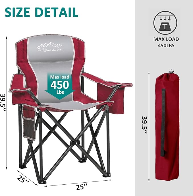 Folding Camping Chair Portable Outdoor Heavy Duty Padded Chairs Lawn Chair with Cup Holder, Storage Pocket and Cooler Bag, Supports 480LBS Red