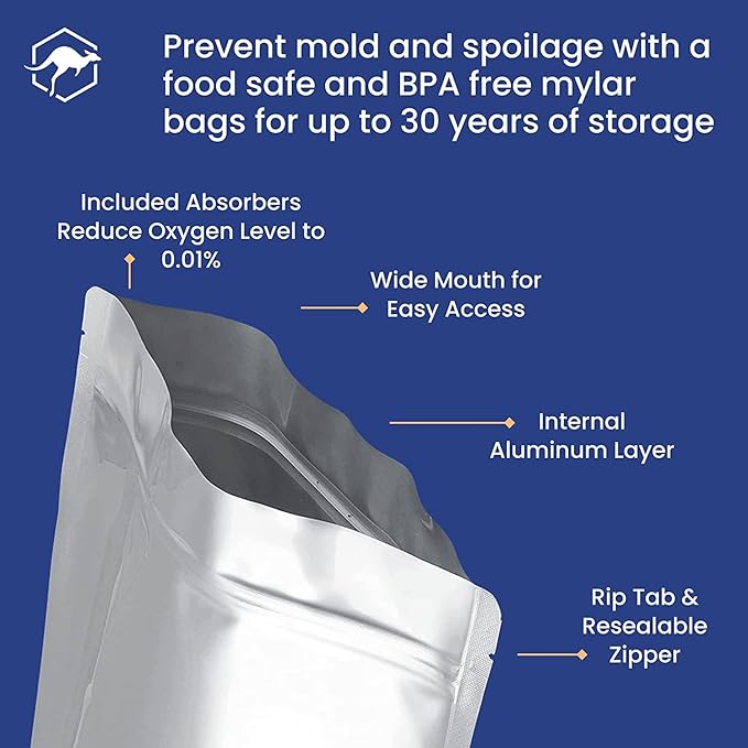 Wallaby 100ct Multi-Size Mylar Bags, 400cc Oxygen Absorbers, 15 & 10 Mil Total Thickness, 1-Gal, 1-Qt, 1/2-Pt, Stand-Up, Zipper & Heat-Sealable, Gusseted Zipper Bags for Long-Term Food Storage