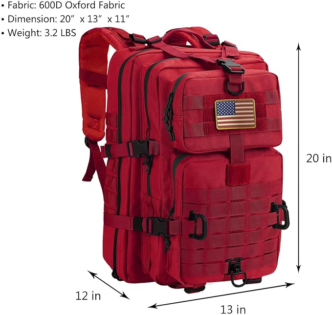 Hannibal Tactical MOLLE Assault Backpack, Tactical Backpack Military Army Camping Rucksack, 3-Day Pack Trip w/USA Flag Patch, D-Rings, Red