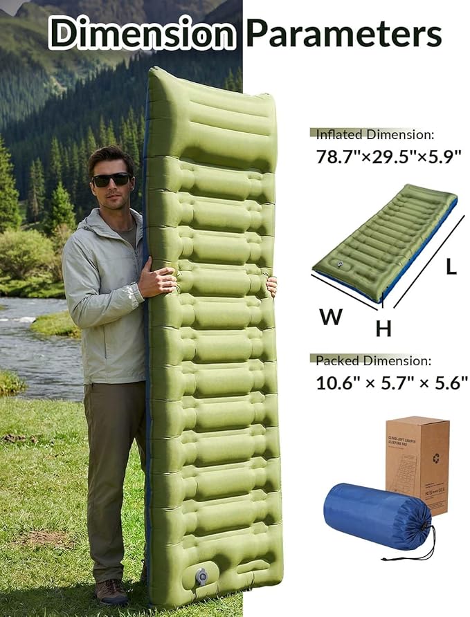 NINTYNINE Camping Sleeping Pad, 5.9" Extra-Thick Reinforced Camping Pad with Built-in Pillow & Foot Pump, Ultralight Compact Inflating Sleeping Mat for Backpacking Hiking Travel Tent Beach