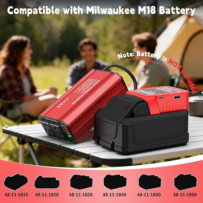 300W Power Inverter Compatible with Milwaukee M18 Battery, DC 18V to AC 110V Battery Converter with 2 AC Outlets & 1 Type-C PD 65W & 1 Type-C PD 20W & 2 USB A 18W Max (Battery Not Included)