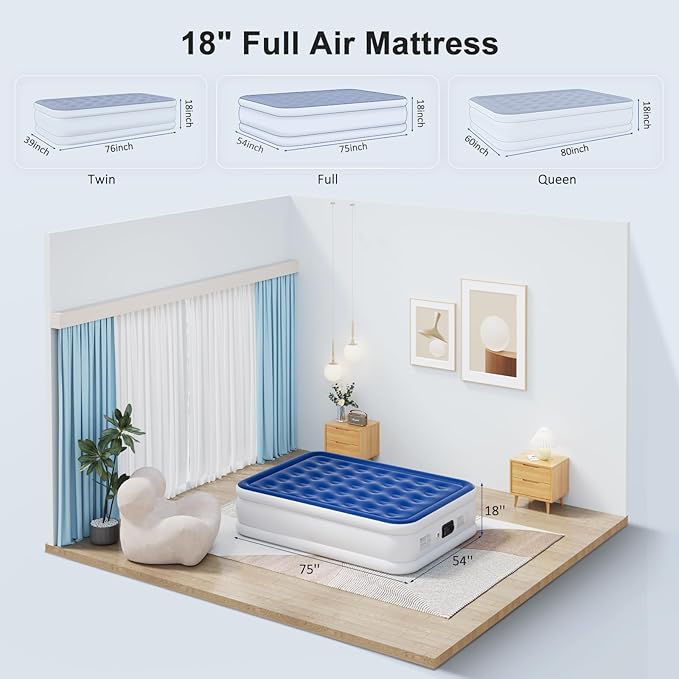 Full Air Mattress with Built in Pump, 18" Raised Inflatable Mattress, Self Inflating Blow Up Bed, Comfort Portable Air Bed with Carry Bag for Camping, Home, Guests, Travel 650 lbs Max