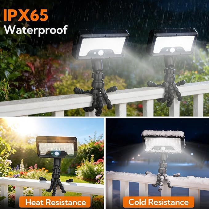 VZZNN 4 Pack Solar Motion Sensor Lights Outdoor, Flexible Octopus Tripod Security Lights, IP65 Waterproof with USB-C Charging, 600LM for Camping, Fence, Patio, Garden