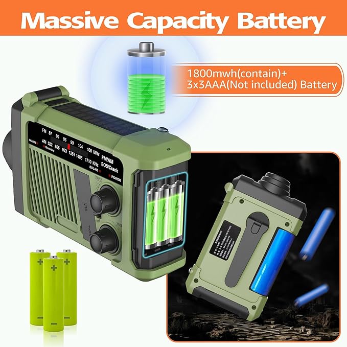 Emergency Hand Crank Solar Radio - AM/FM/WB NOAA Weather Radio with 1800mWh Battery, 3W Flashlight & Reading Lamp, SOS Alarm, Portable for Phone Charging (Green)