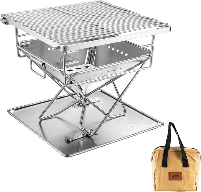 CAMPINGMOON X-MINI PRO Portable Charcoal Grill 9.65 Inch Stainless Steel Tabletop Grill Fire Pit 3 Level Adjustable Height Grill for Camping Outdoor Cooking Barbecue Carry Bag