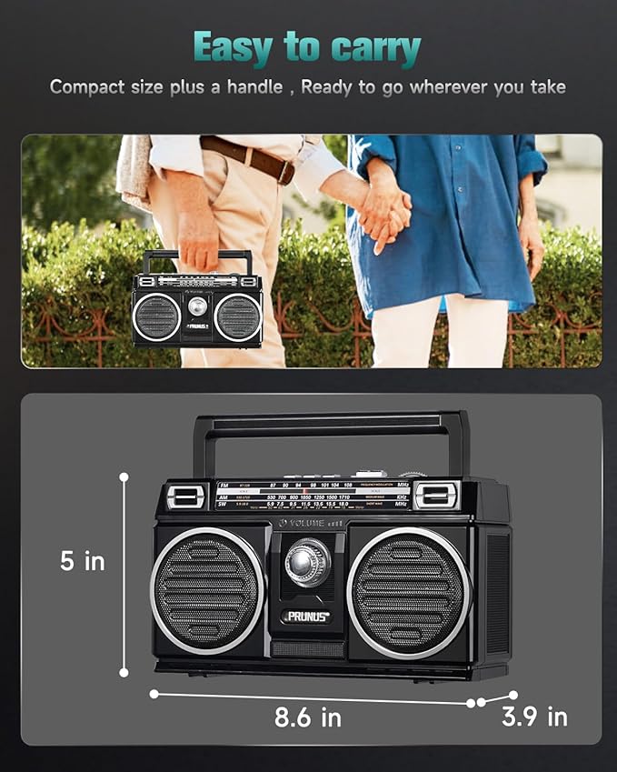 PRUNUS 750 AM FM Radio Portable with Bluetooth Dual Speakers, Gifts for Dad and Mom, USB/TF Card Playback, USB-C/Solar Rechargeable Radios, Bluetooth Radio, Transistor Radios Portable AM FM