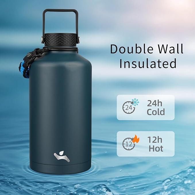 Konokyo Insulated Water Bottle with Straw,87 oz 3 Lids Water Jug with Carrying Bag,Paracord Handle,Double Wall Vacuum Stainless Steel Metal Flask,Navy Blue