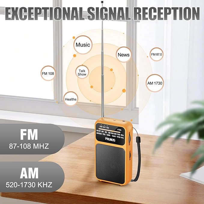 PRUNUS J-555 Pocket Radio AM FM USB-C Charging& Battery Operated, Excellent Reception& Clear Speaker and Headphone Jack, Back Clip, Flashlight, Transistor Radios, Portable Radio AM FM, Mini Radios