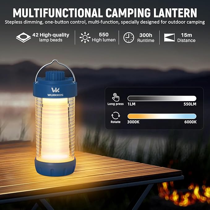 Wurkkos CL01 Camping Lantern Rechargeable, 550LM Led Lantern with Magnet Base, RGB light, Up to 300H Runtime, Camping Essentials, IP66 Waterproof Tent Light for Power Outages, Emergency, Camping, Blue