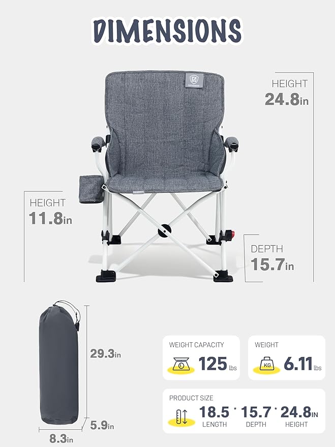 EVER ADVANCED Kids Camping Chairs with Cup Holder, Padded Folding Camping Chair Outdoor with Safety Lock, Carry Bag, Lightweight Portable Camp Chairs for Beach, Balcony, Patio, Supports 150lbs, Grey