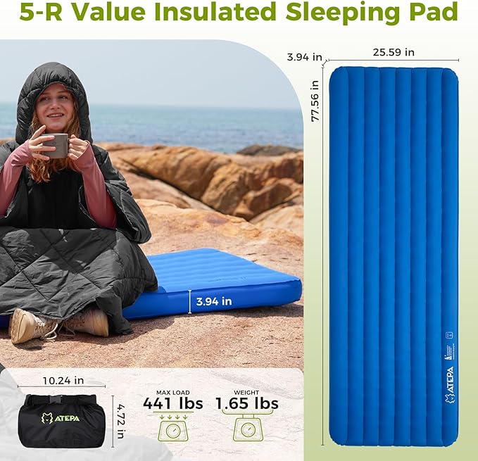 ATEPA ThermAir Pro Backpacking Inflatable Sleeping Pad, 5 R-Value Insulated Ultralight Portable Sleeping Pad Thick Camping Mat with Stuff Sack for Camping Backpacking Tent, Wide Long Size 77.5"x25.6"