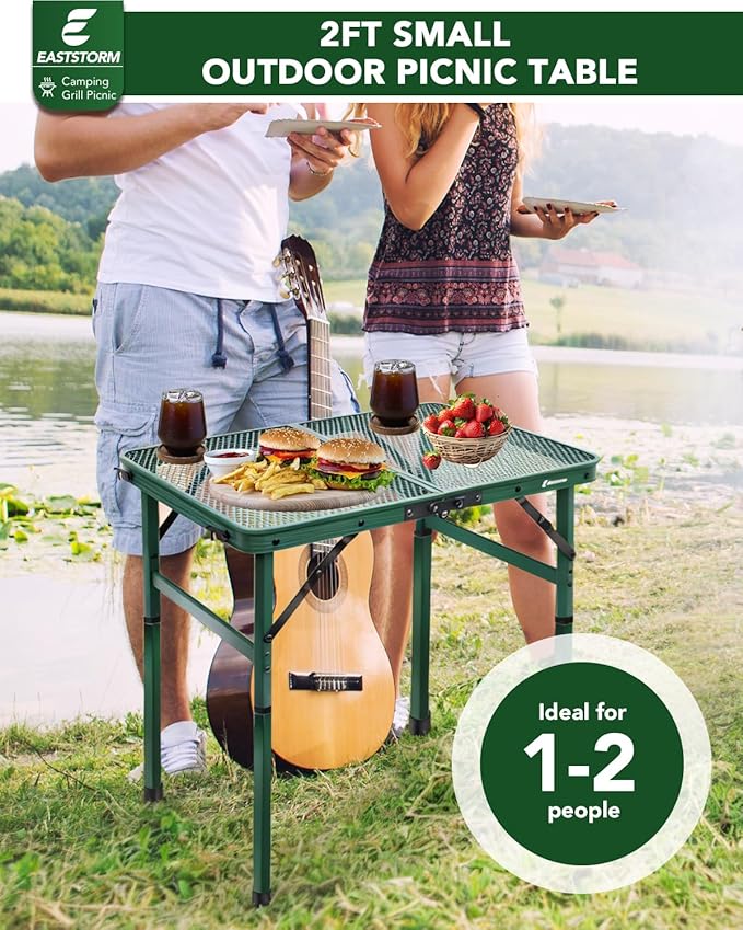 Small 2ft Folding Table with Carry Handle, Adjustable Height 10.6" or 22", Green Metal Mesh, Portable & Compact Indoor/Apartment/Card/Side/Grill Table, 23.6"Lx15.8"W, Lightweight 4 lb, 66 lb Capacity
