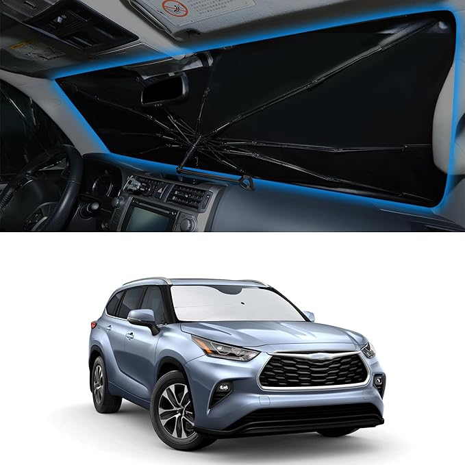 Windshield Sun Shade Umbrella Compatible with 2020-2026 Toyota Highlander Accessories Foldable Window Sunshade Sun Visor Protector Blocks Sun Rays