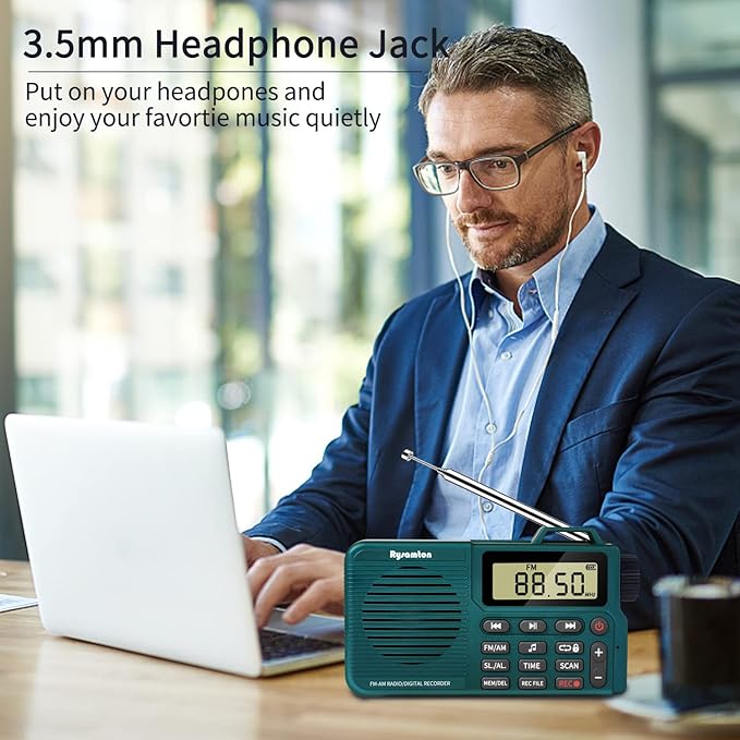 Portable AM/FM Radio, Digital Radio Recorder, Bluetooth 5.0, Alarm and Sleep Function, 12/24H Time Display with Large Digital Display