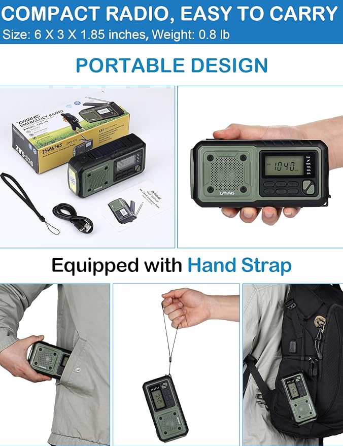 ZHIWHIS Emergency Radio, NOAA Weather/AM/FM Portable Hand Crank Solar Radios with SOS Alarm, Battery Powered and Built-in 5000mAh Li-Battery, Flashlight/Reading Lamp/Alerts for Emergencies ZWS-376