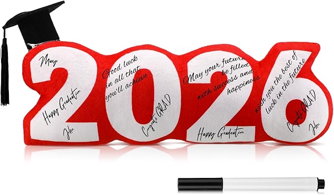Beeveer Class of 2026 Autograph Stuffed Pillow 15.7" Graduation Autograph Stuffed Pillow Graduation Guest Signature Gifts Grad Party Sign in Decor for High School College(Red,Classic)