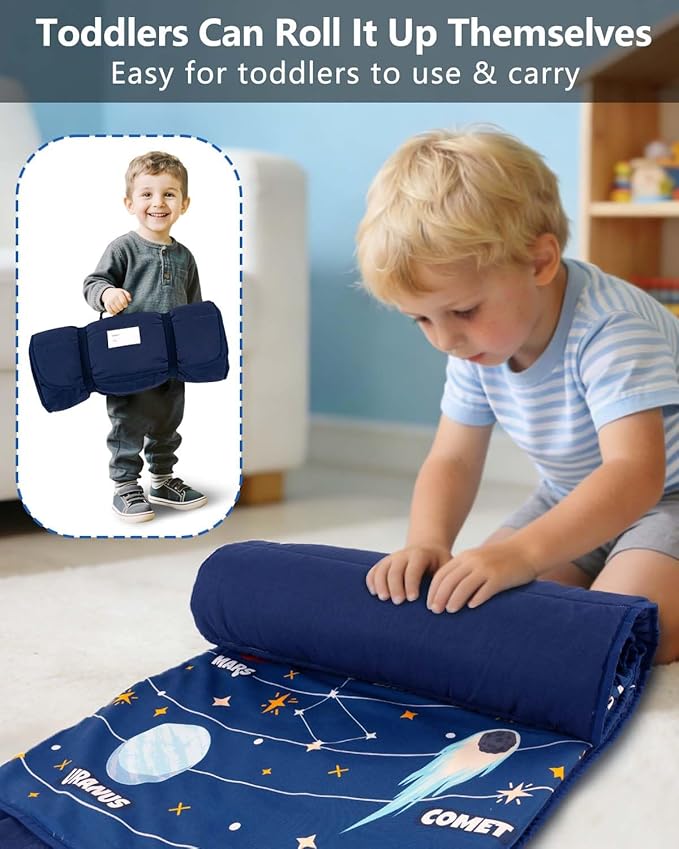 Primlect Lightweight Toddler Nap Mat, Portable Rolled Design Perfect for Daycare Travel, 51”x31 All-in-One Sleeping Bag with Removable Pillow and Fleece Blanket for Boys Girls, Machine Washable