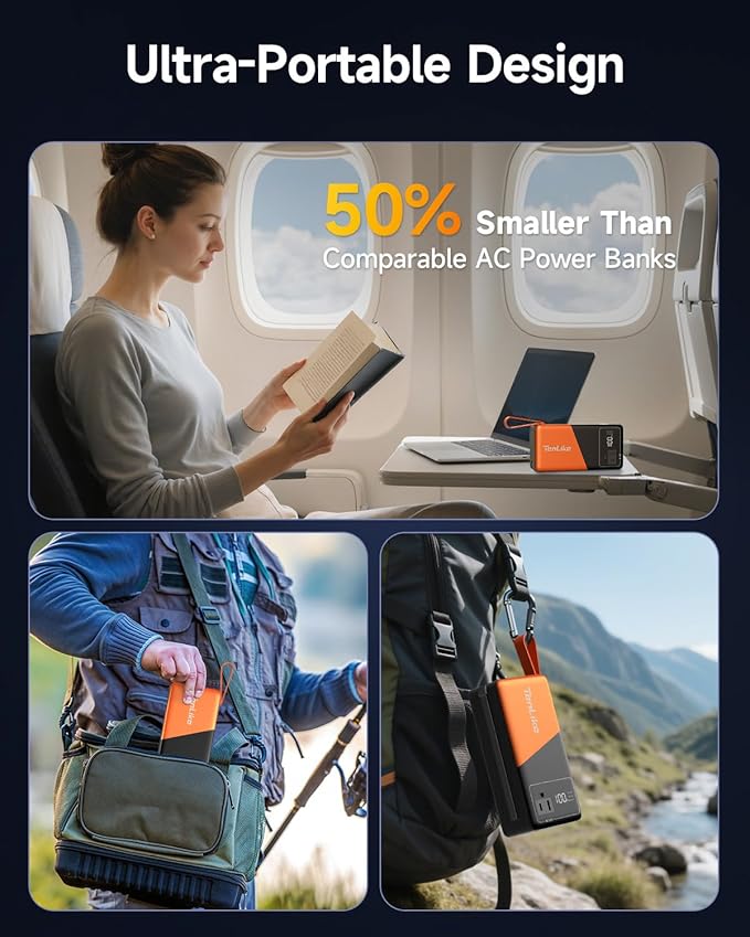 Large Power Bank for Camping Essentials Portable Power Station 99.9Wh Small Electric Generator with 110V 80W Rated 120W Peak AC Plug in Output 60W Type-C Home Backup Outdoor Emergency, Black Orange