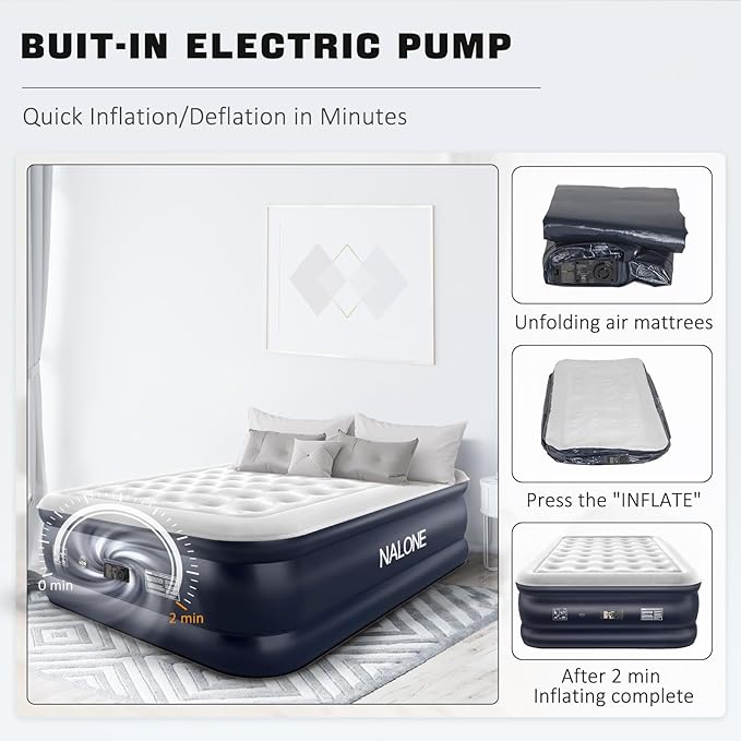 nalone Air Mattress Full with Built in Pump, Inflatable Mattress Blow up Mattress, 18'' Raise Portable Air Bed, Upgraded Fast Colchones Inflables for Home, Guest, Travel & Camping, 650lbs Max