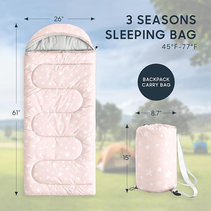 Wake In Cloud - Star Kids Sleeping Bag for Boys Girls Toddlers, Camping in Warm Cold Weather, Backpacking Lightweight Compact Outdoor Liner for 3 Seasons Summer Spring Fall