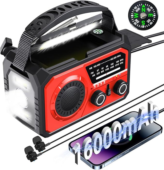 16000mAh Emergency Weather Radio, AM/FM/NOAA Weather Alert Radio Hand Crank/Solar/Type-C Fast Rechargeable Outdoor Radio with Reading Lamp/SOS Alarm/3 Mode Flashlight/Power Bank (Red)