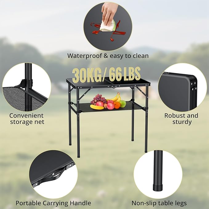 Anbte 3ft Camping Table Foldable with Storage Net, 3 Heights Max 29.5" Aluminum Camping Table with Portable Handle, Lightweight, for Travel Outdoor Beach Picnic Patio Indoor, 36" x 24", Pure Black