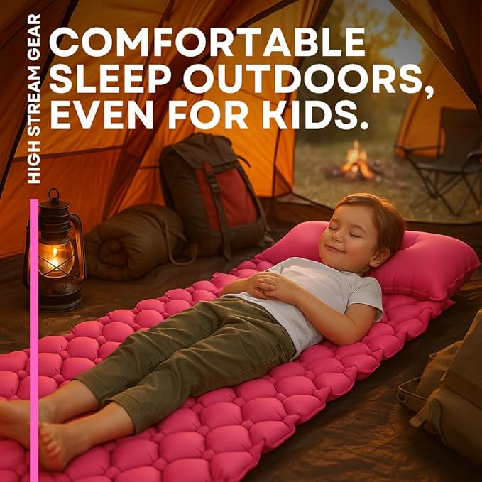 Kids Sleeping Pad for Camping and Sleepovers with Pillow, Inflatable Camping Mattress for Backpacking & Travel, Thick Toddler Cot Mat, Fast Inflating Camping Sleeping Pads for Kids
