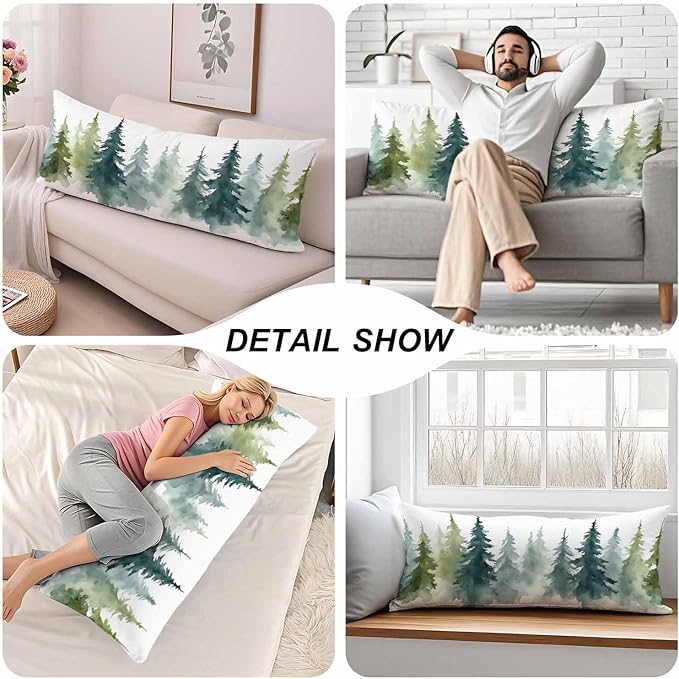 Couch Pillows Decorative Body Pillow Cover Watercolor Forest Fir Trees Rectangle Body Pillowcase for Men Women, Winter Body Pillow Covers 20" X 54" Cushion Cases for Sofa Bed, Green