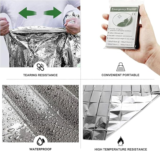 50 Pack Emergency Foil Blankets 51” x 83” – Thermal Mylar Survival Blankets Individually Wrapped for Outdoors, Camping, Hiking, First Aid, Emergency Preparedness & Homeless Outreach