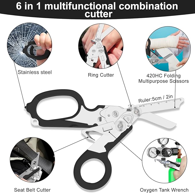 6-in-1 trauma shears - emergency responders, outdoor emergencies, medical staff, and outdoor camping, Gift box packaging with scissors storage K sheaths (Black)