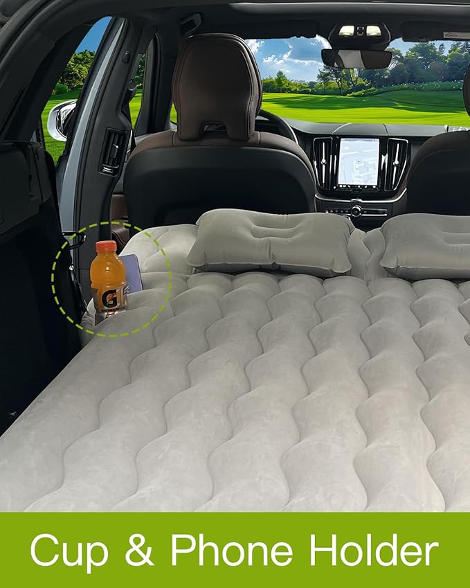 Canodoky SUV Air Mattress, Inflatable Car Mattress Bottle and Phone Holder Thickened Flocking & PVC Surface Car Bed with Electric Air Pump Travel Mattress for Camping Road Trip (Grey)