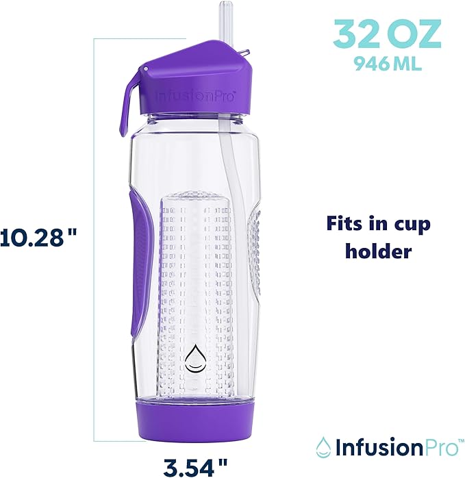 Infusion Pro 32 oz Fruit Infuser Water Bottle with Straw Lid : Insulated Sleeve : 50 Recipe Fruit Infusion eBook : Bottom Loading, Large Water Infuser for More Flavor : Unique Gift Idea