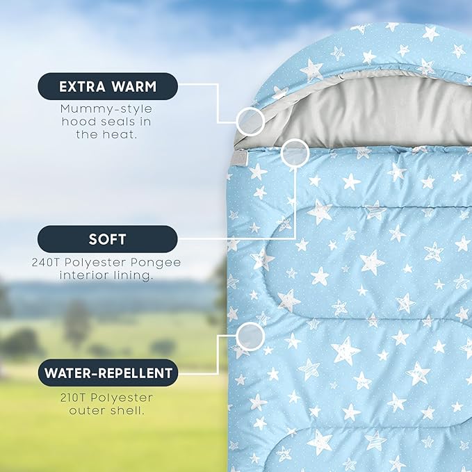 Wake In Cloud - Star Kids Sleeping Bag for Boys Girls Toddlers, Camping in Warm Cold Weather, Backpacking Lightweight Compact Outdoor Liner for 3 Seasons Summer Spring Fall