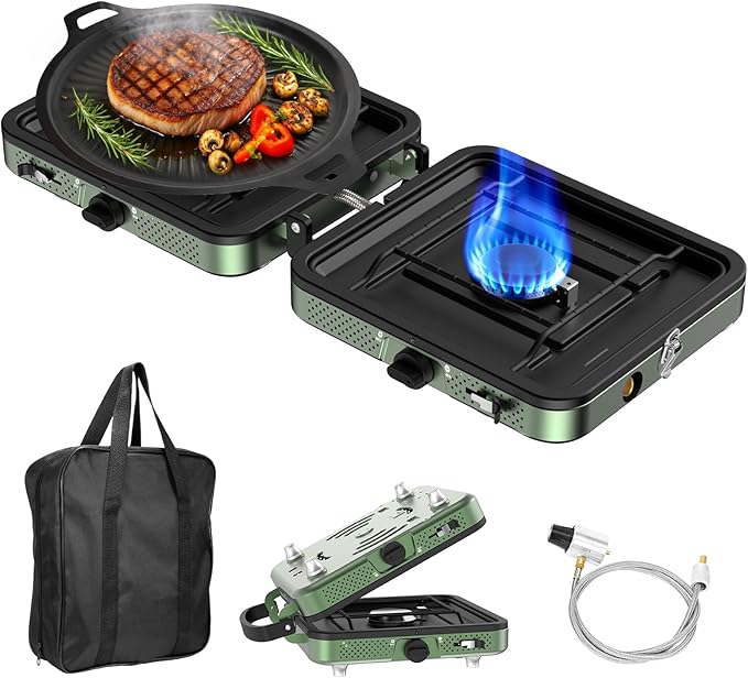 Portable Camping stove, 2 Burner Foldable Camping Stove with Griddle and Carrying Bag & Hose, 8600BTU Portable Propane Camp Stove with Ignition & 2 Adjustable Burners,for Camping Tailgating BBQ Grill
