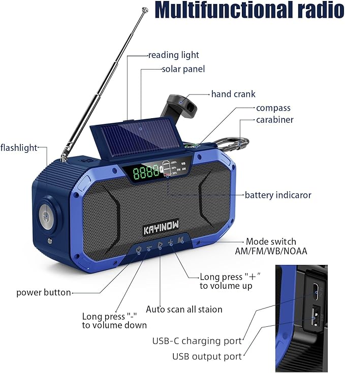 Hand Crank Emergency Weather Radio Solar Power with AM FM NOAA,Wind Up Flashlight,18500mWh/5000mAh Rechargeable Battery,SOS Alarm,Portable,Waterproof,for Survival,Storm and Power Outage