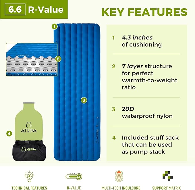ATEPA ThermAir Pro Backpacking Inflatable Sleeping Pad, 6.6 R-Value Insulated Ultralight Portable Sleeping Pad Thick Camping Mat with Stuff Sack for Camping Backpacking Tent, Wide Long Size 78"x27"