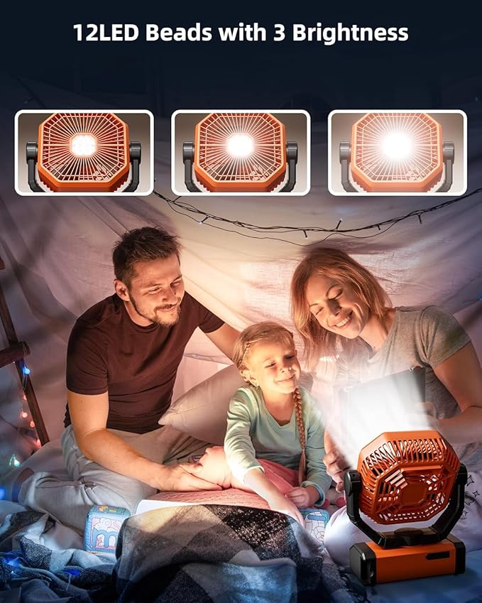 MORIKO Table Fans, 10000mAh Rechargeable Battery Operated Portable Tent Fan with LED Lantern, Remote Control, Hook, 270° Pivot, Stepless Speed-Ideal for Camping, Picnic, Barbecue, Jobsite