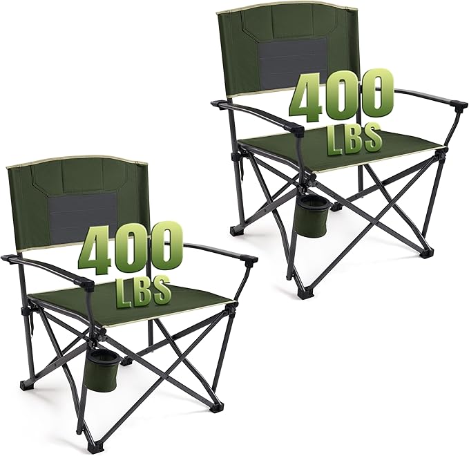 DMH OUTDOORS 2 Pack Oversized Camping Chairs for Adults Heavy Duty 400 LBS, Folding Camp Chair with Hard Metal Armrests & Swivel Cup Holder, Portable Lawn Chair for Outdoor, RV, Tailgating, Green