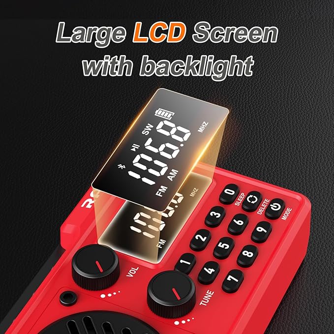 Portable Radio AM FM 1500mAh Rechargeable with Best Reception, Transistor shortwave Radio Wireless Bluetooth Speaker, with Large LCD Screen, Support TF Card U Disk, Earphone, Sleep Timer (Red)
