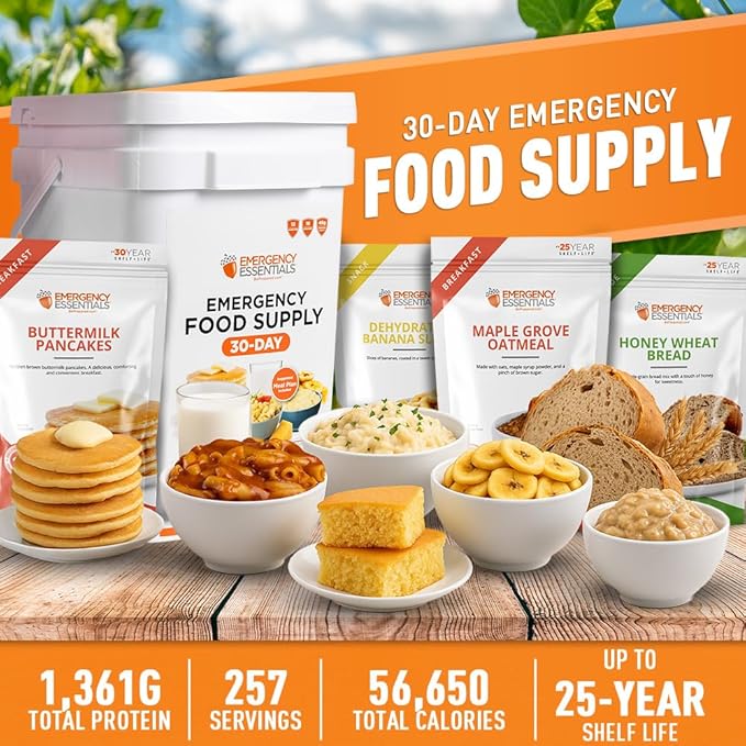Emergency Essentials 1-Month Emergency Food Supply Bucket, 257 Servings, 56,650 Calories | Long-Term Survival Food Kit for Disaster Preparedness, Camping, and Power Outages