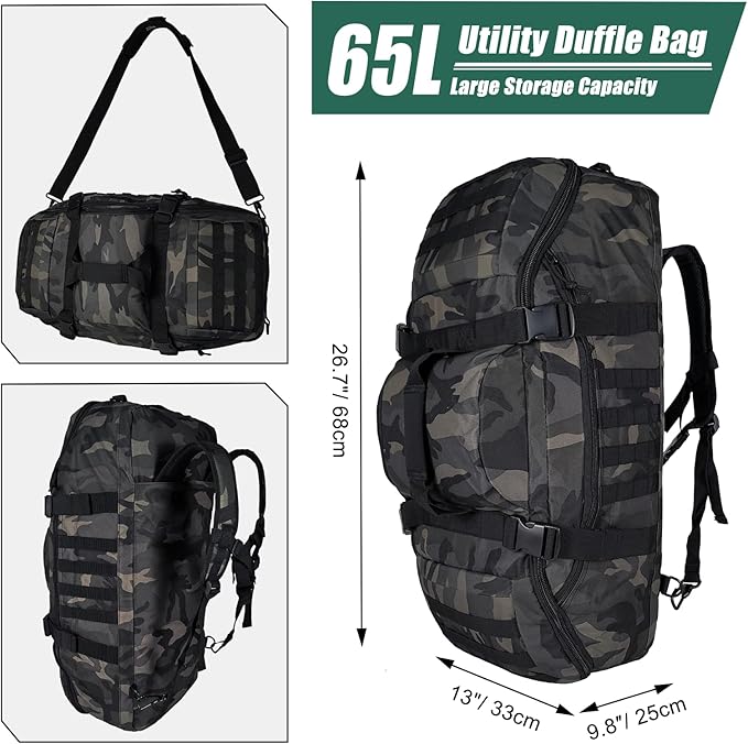 Hannibal Tactical 65L Large Duffle Bag, 3-in-1 Tactical Backpack MOLLE Pack for Sports, Gym, Outdoor, Black Camo