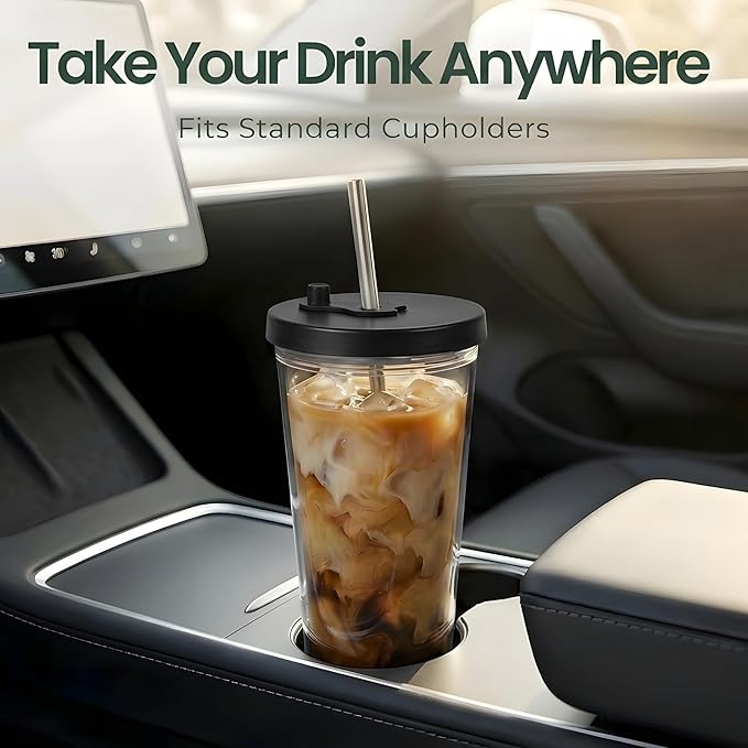 Kensal Home Reusable Iced Coffee Cup (16 Oz/Grande), Leak Proof and Double Wall Insulated Iced Coffee Tumbler, Come with Reusable Plastic and Metal Straws and Straw Cleaner - Black