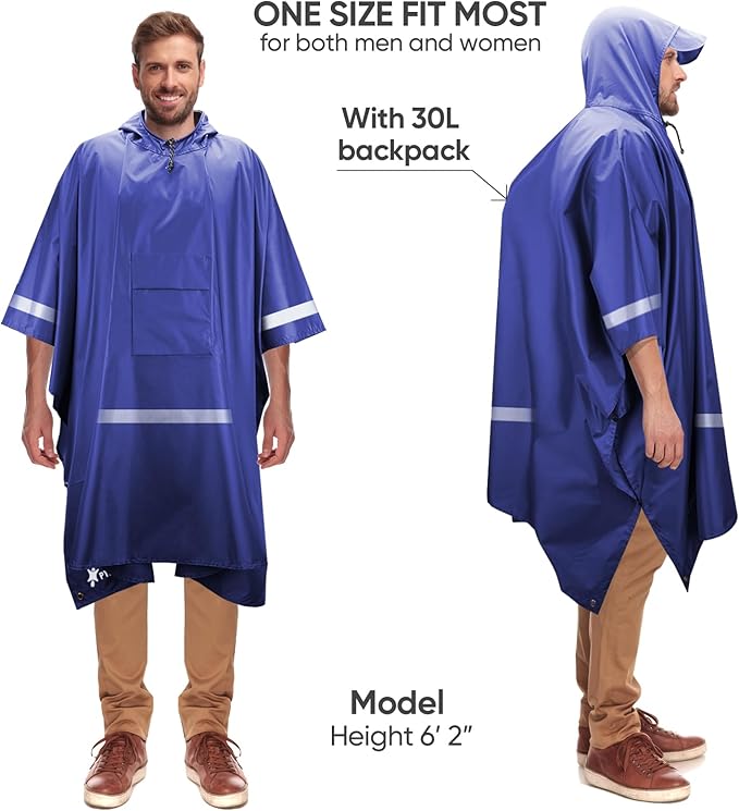 PTEROMY 3-in-1 Hooded Rain Poncho for Adult with Pocket, Waterproof Lightweight Unisex Raincoat for Hiking Camping Emergency